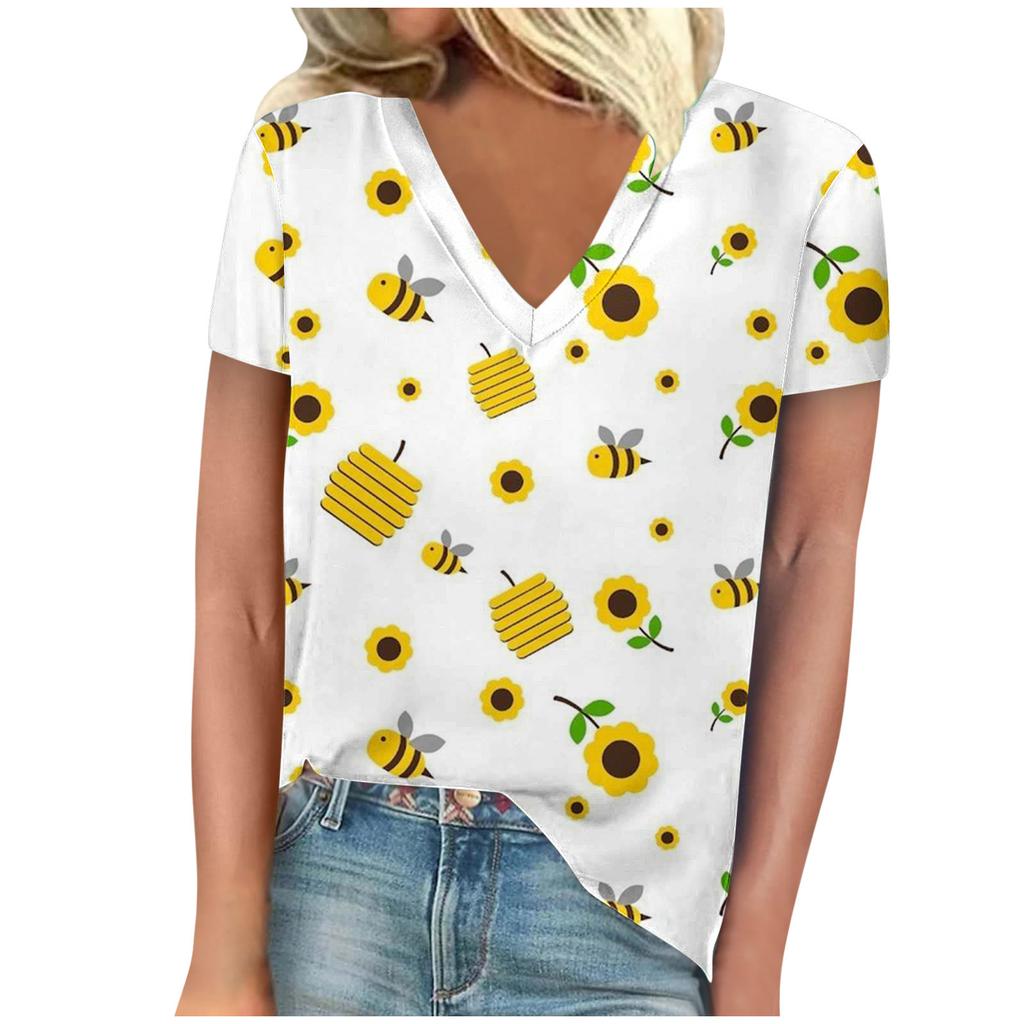 vintage women bee print t shirt short sleeve v neck tops comfortable t-shirts