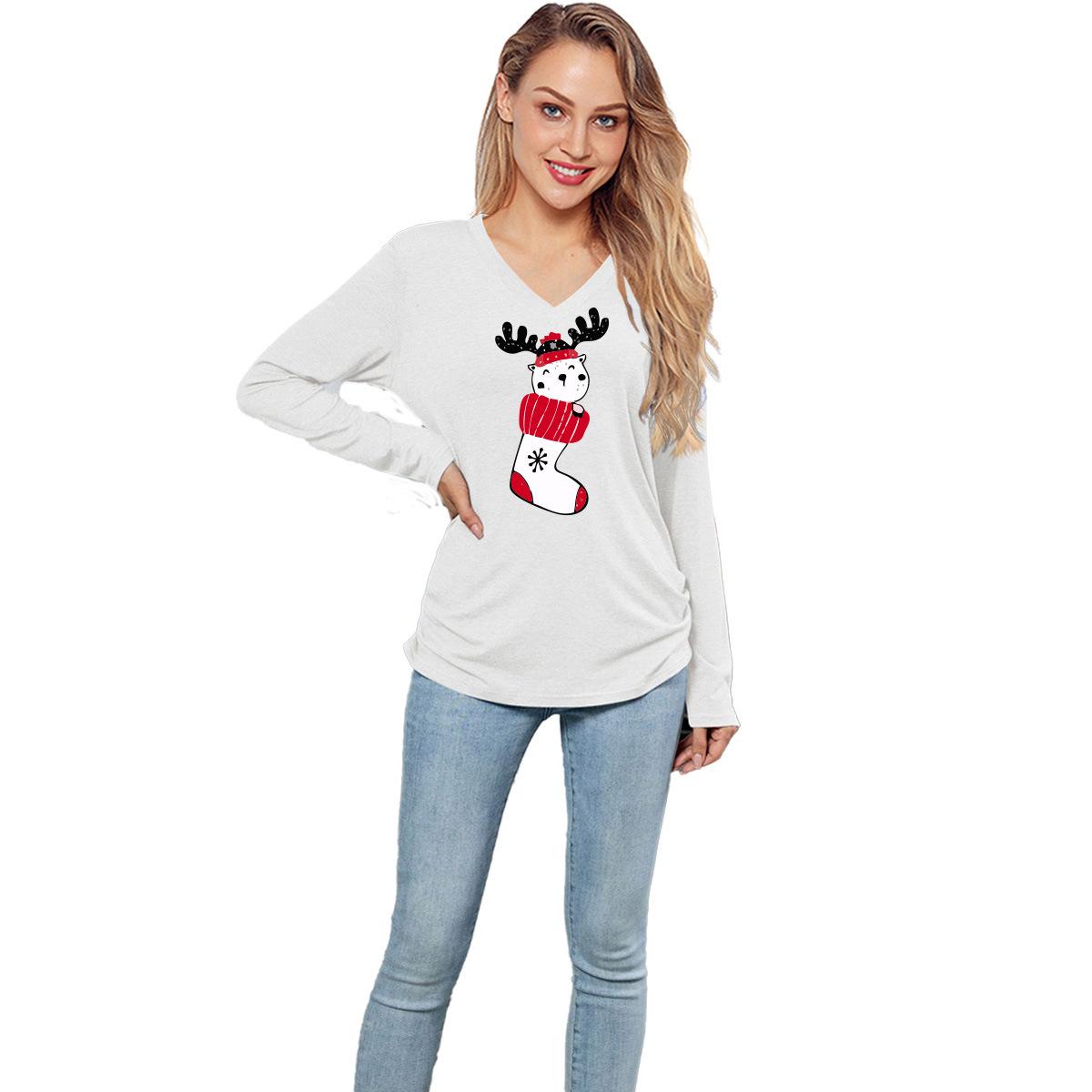 

GMXIA Solid-color Christmas Print Top for Women Is Loose and Casual S белый