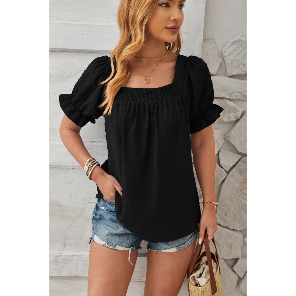 Spring Summer New Women's Chiffon Smocked Blouse, Square Neck Short Sleeve Top with Pom Poms, European American Style Casual Shirt for Women