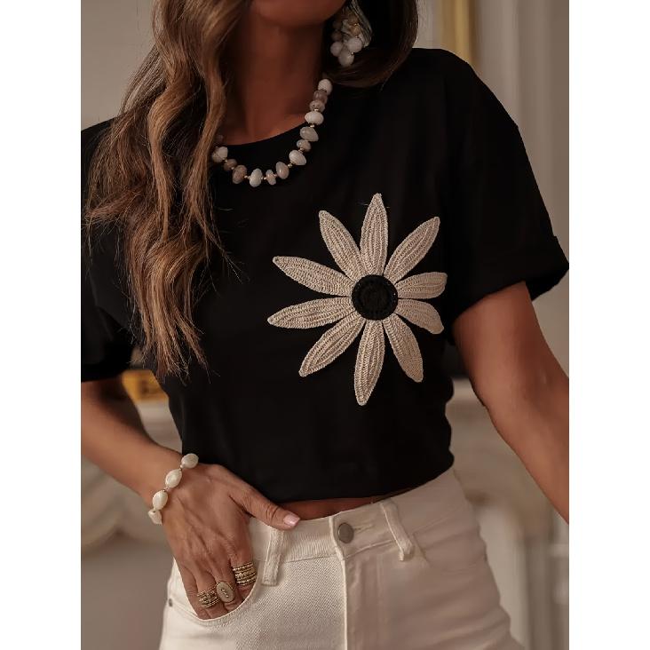 Slimming three-dimensional embroidered pleated soft lightweight breathable women s round-neck short-sleeve T-shirt S чёрный