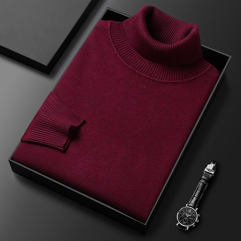 Men's High Neck Knit Sweater - Warm Solid Color Pullover for Middle-aged and Young Men