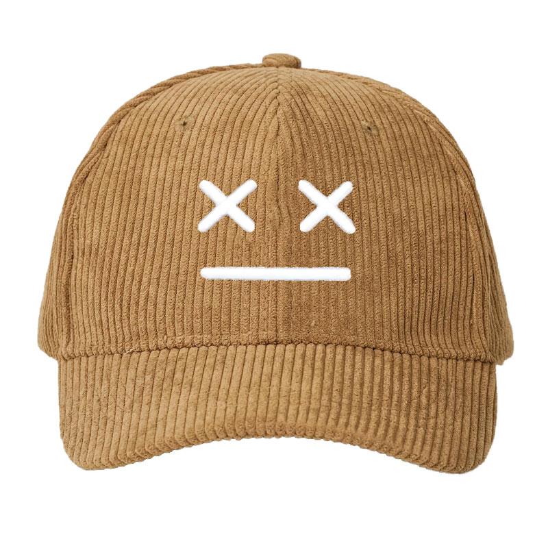Baseball Cap Corduroy Embroidered Smiley Face Unisex Flat Brim Snapback Hat Casual Outdoor Sport Fashion Hip Hop Streetwear Gift