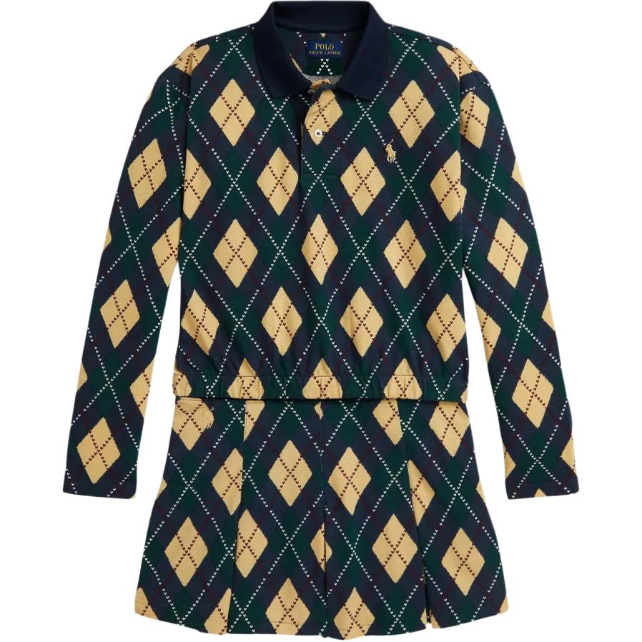 Polo Ralph Lauren Kids Dress Set FW25 With Collar Long Sleeve Elastic Waist Diamond Pattern Pleated Skirt Kids dress set 313979019-001