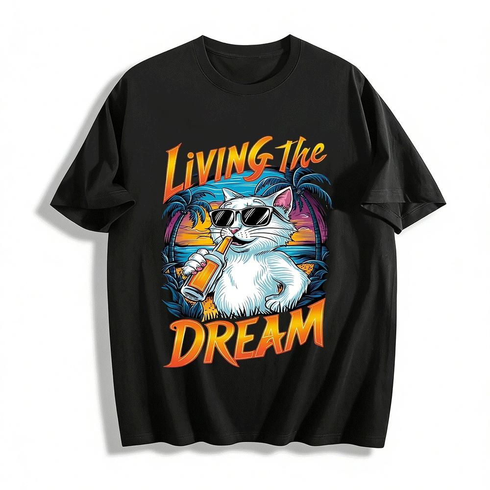 Living The Dream Cool Cat Print Vacation Style Casual T-Shirt Pure cotton T-shirt XXS