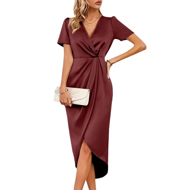 Elegant Wrap Dress for Women Satins V Neck Short Sleeve Midi Long Slit and Pleated Detail Gown for Party Gatherings