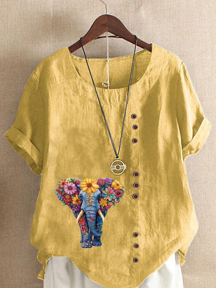 Women's Fashion Flower Elephant Print Round Neck Short Sleeve T-shirt Casual Cotton Linen Graphic Shirt Leisure Loose Summer Blouse Tops