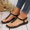 Fashion Beads Sandals Clip Round Toe Flat With Solid Color Genuine Leather Summer Fashion Elegant Sexy Concise Party Women Shoes Newest
