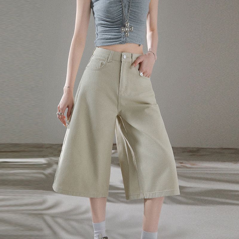 Vintage Washed Distressed Wide Leg Cropped Capri Denim Shorts For Women Straight Eight Points Pants  Versatile Slimming AllMatch Casual Bottoms