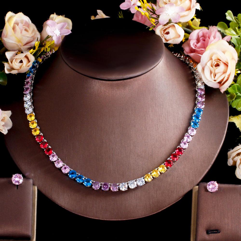Popular Hip Hop Jewelry Colored Zircon Necklace Stud Earrings Two-Piece Set Rainbow Necklace Colored Gem Set Chain