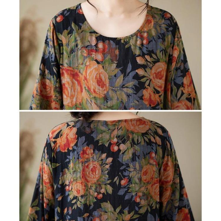 Floral Print Vintage Maxi Dress for Women Plus Size Spring Summer Loose Long Dress