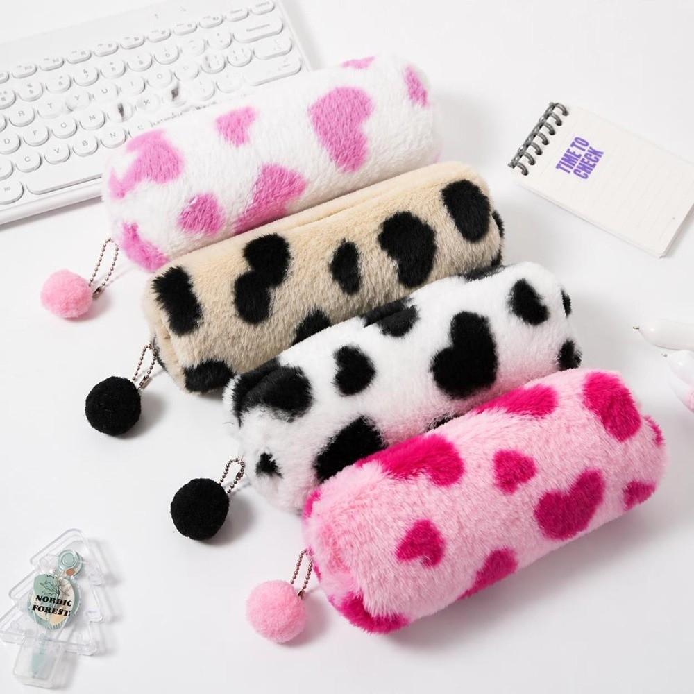 Cartoon Plush Pencil Case Leopard Print Storage Bag Cute Pencil Pouch Students
