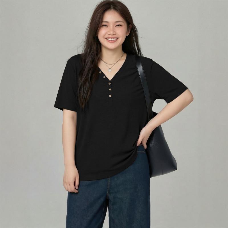 Plus Size Women V Neck Short Sleeve T Shirt Slimming Top