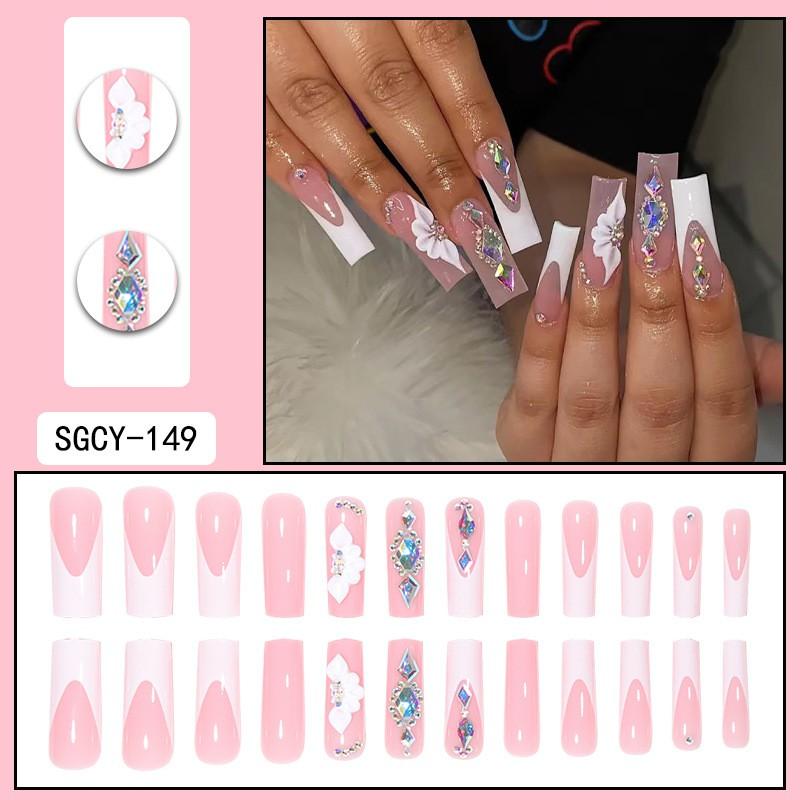 Long Press-On Nails With Adhesive Tabs Full Cover Fake Women INS Style Acrylic Nail Tips Reusable Wearable Art