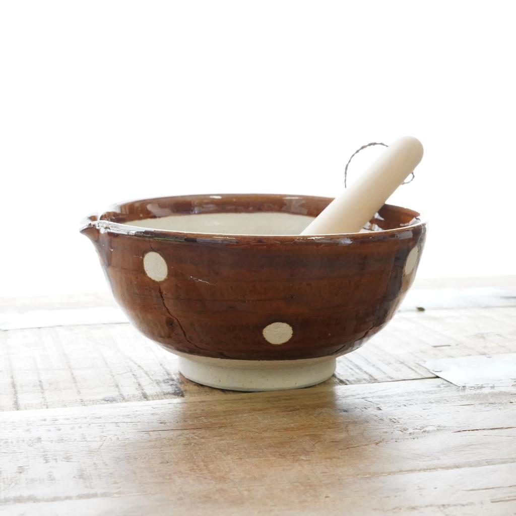 Fukubeya Retro and Cute Polka Dot Sesame 18cm with Pestle Rustic Ceramic Design That Blends In with Your Kitchen Polka Mortar, Diameter, - (Ame-Tea