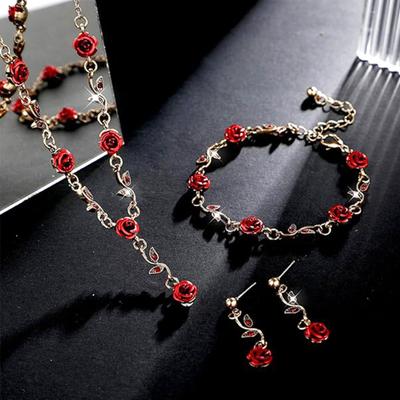 3 Pcs/Set Red Rose Jewelry Set Floral Theme Romance Vintage France Style Valentines Day Mothers Day