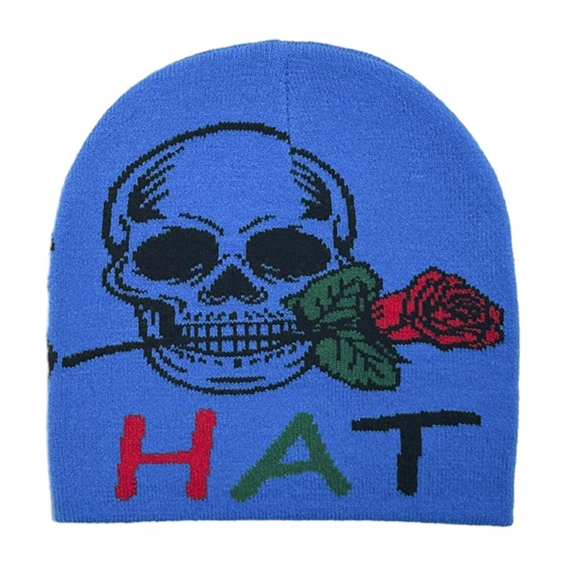 Teens Elastic Beanie Knit Skull Caps with Jacquard Skull&Rose Pattern Skiing Hat