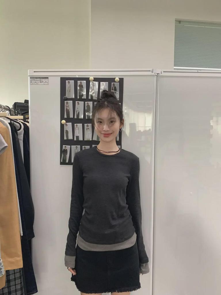 Nan Tao Damen Fake Zweiteiler Slim Fit Langarmtop - Frühling 2025 Koreanischer Stil Rundhals-Shirt