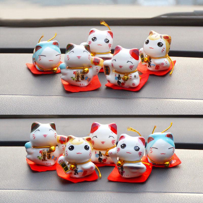5 buc/set ornament de pisică norocoasă din ceramică japoneză pentru interiorul mașinii, decorațiuni interioare, Fortune Feng Shui, drăguț, mini figuri de desene animate, artizanat