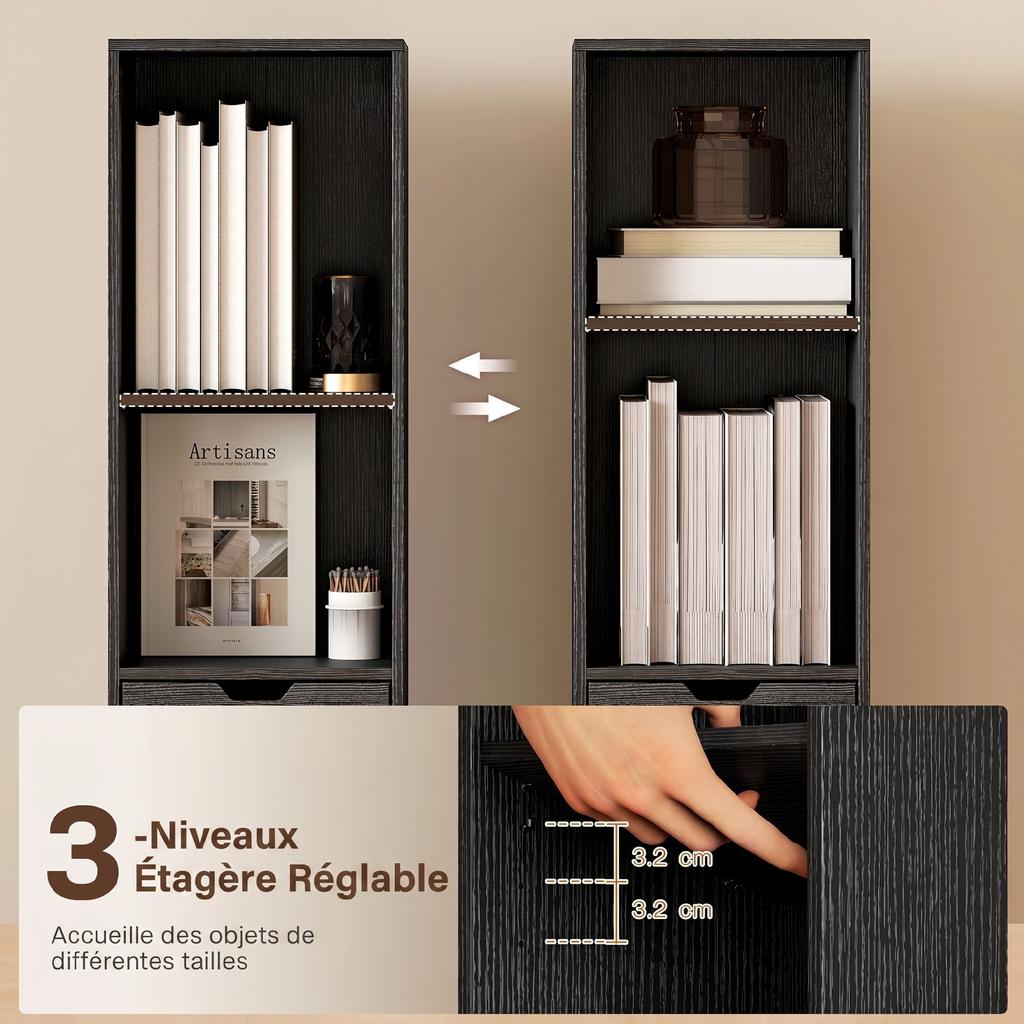 Bookcase, Storage Unit, Drawer, Cupboard, Open Compartments, 30 x 24 x 158 cm, Black