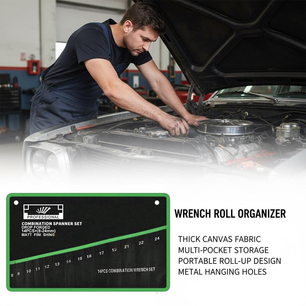 14 Pockets Roll Up Wrench Tool Storage Bag Portable Tool Organizer Pouch Durable Canvas Hand Tool Carrier Storage Bag for Garage
