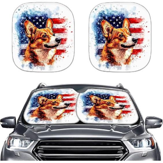 

2-Pcs Colorful Dog Paw Prints Sun Shade for Car Windshield Car Windshield Sunshade Foldable UV Rays Sun Visor Protector for Blocks UV Rays and Auto American Flag Dog