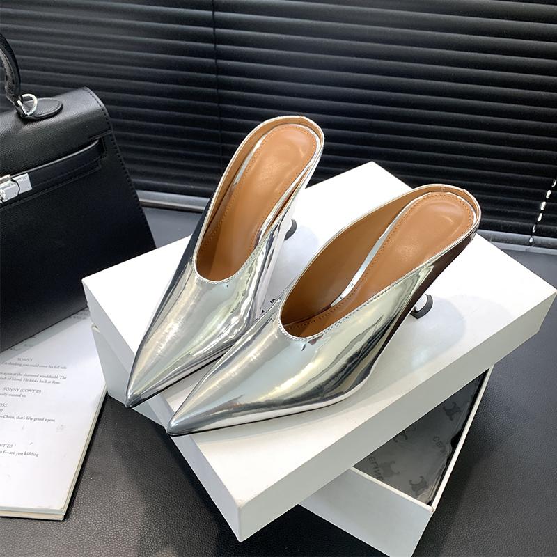 

Мода 2025 Новый Дизайн Модные Туфли на Платформе и Высоком Каблуке Мюли Женские Тапочки Лаконичные Мелкие Заостренный Носок Вечернее Платье Женская Обувь 39 серебряный