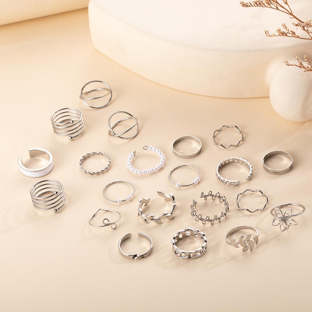 Ring, Fashion Leaf Wave Multi-Layer Cross Hollow Opening 21 Piece Set Ring