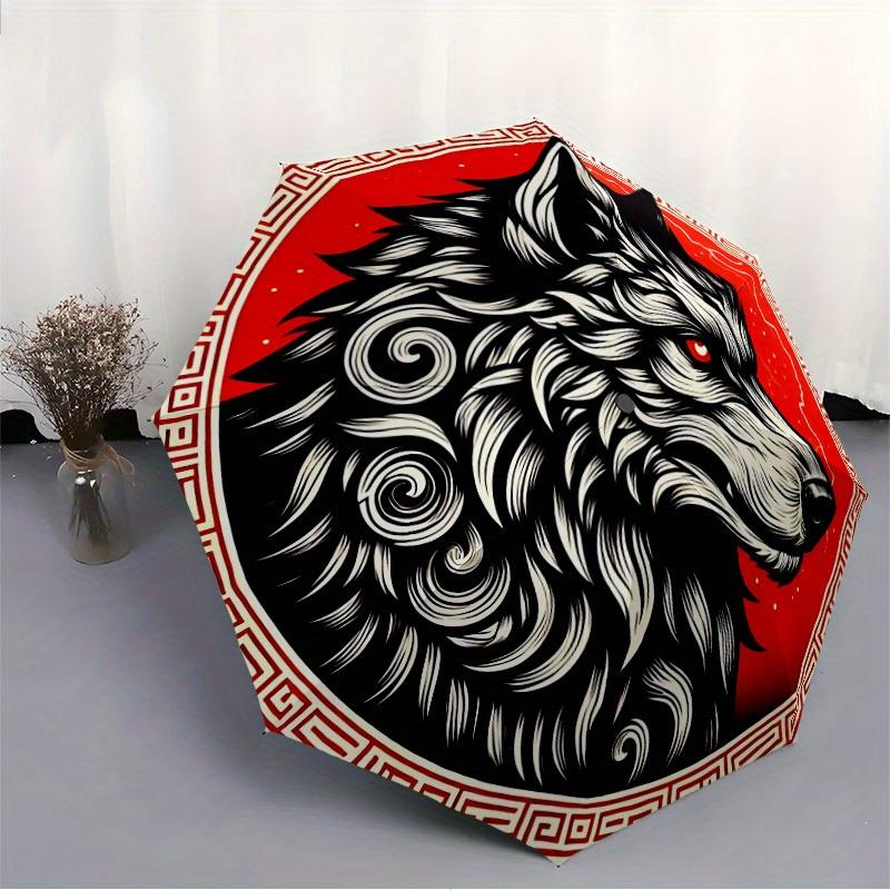 1pc Wolf Emblem Automatic Open/Close Umbrella Sturdy Iron Frame, Compact Travel Umbrella, Intricate Design Umbrella A0829078