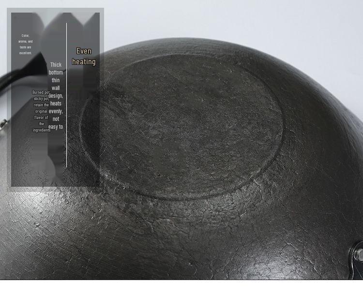 Vintage Uncoated Cast Iron Flat-Bottom Non-Stick Wok, Compatible with Induction & Gas Stoves, Ideal for Rural Household Stir-Fry.