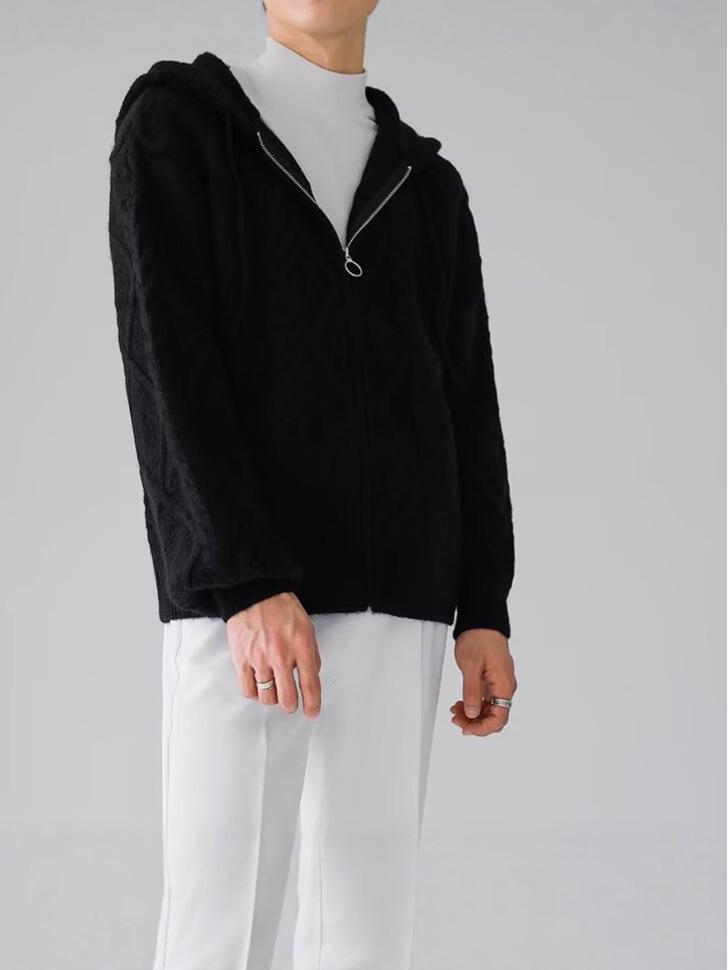Men's Retro Cable Knit Hooded Cardigan - Autumn/Winter Thick, Trendy Loose Fit Outerwear