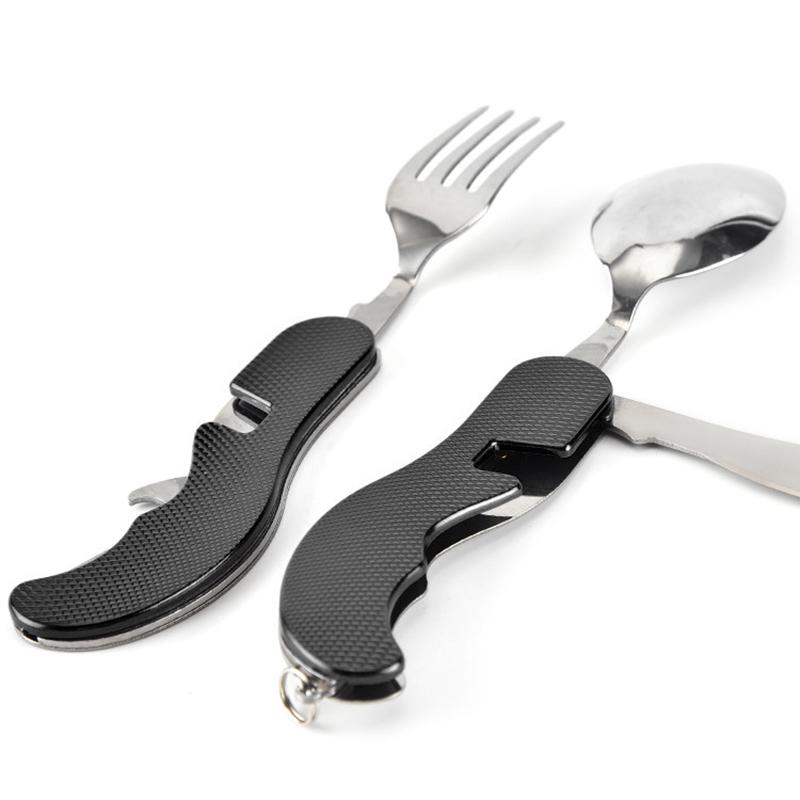 4-in-1 Stainless Steel Spoon Knife Fork Bottle Opener Foldable Pocket Kit Outdoor Cutlery Set Foldable Portable Compact