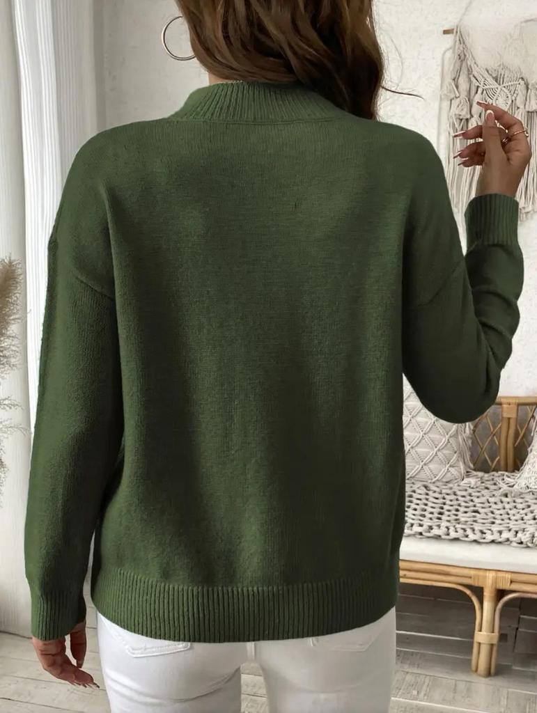 Women's Solid Color Loose Knit Pullover with Half-High Neck and Long Sleeves - Autumn/Winter Fashion Sweater.