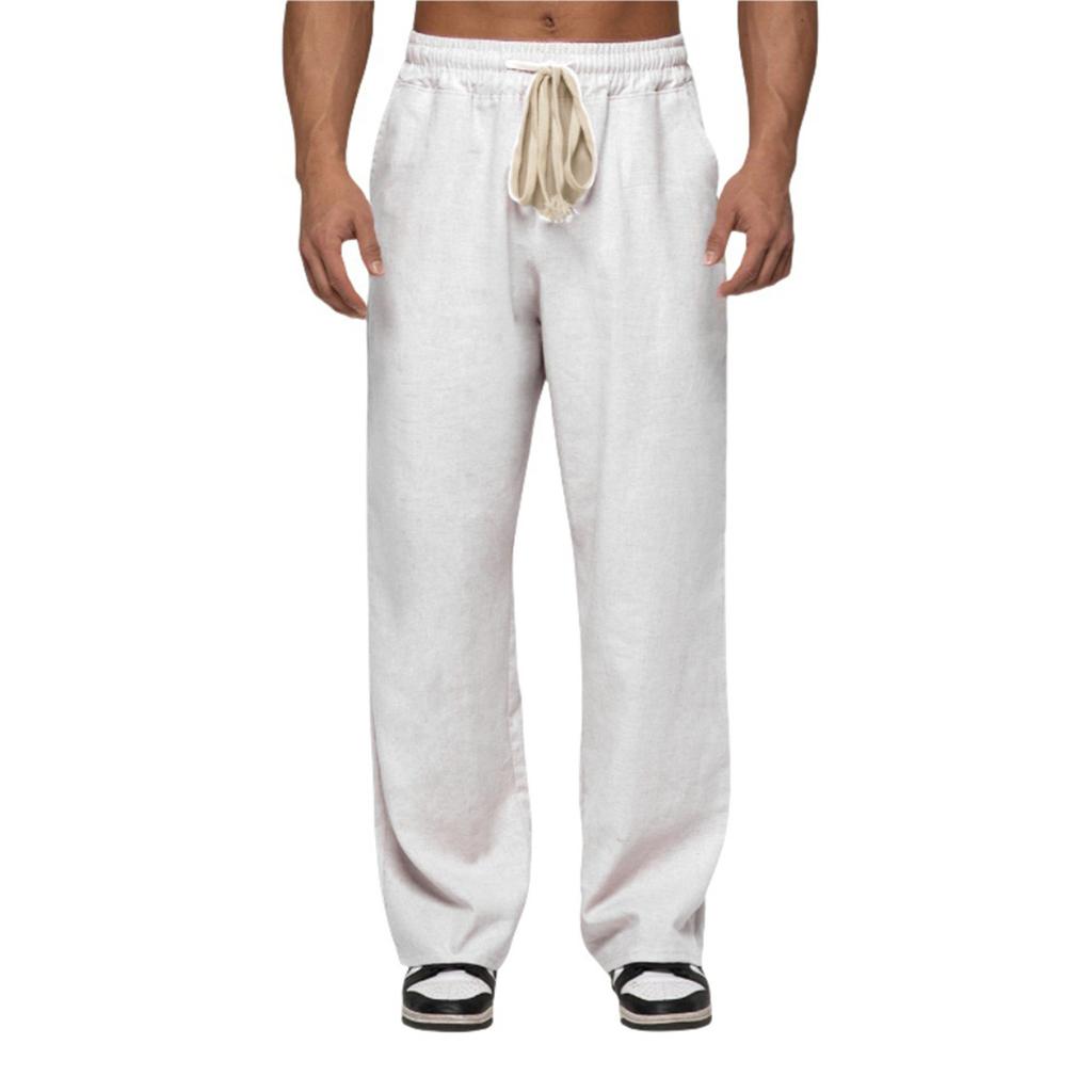 Mens Casual Cotton Linen Pants Elastic Waist Drawstring Summer Beach Pants Lightweight Loose Fit Yoga Trousers
