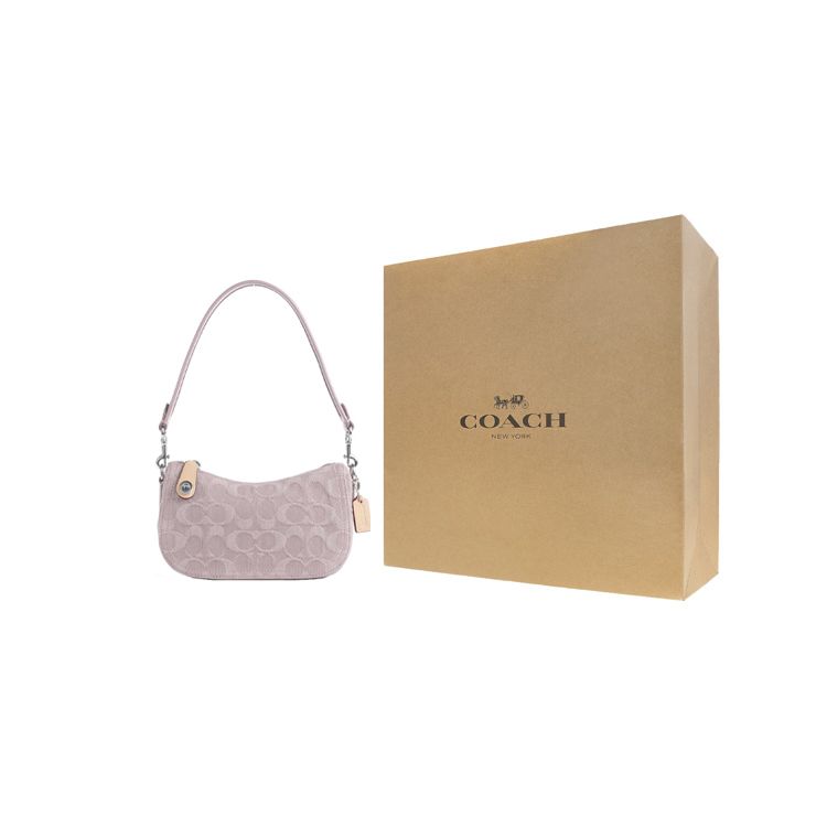 Coach Swinger 20 Letter Logo Zipper Embossed Print Canvas And Denim Leather Half Moon Saddle Handbag Women Handbags Pink CJ939-LHPPU