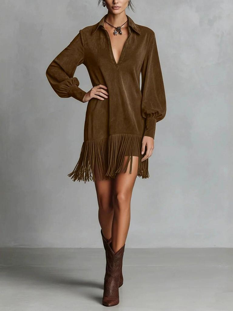 V-neck Faux Deerskin Dress with Fringe Hem and Lapels, Long Sleeve, European & American Style  