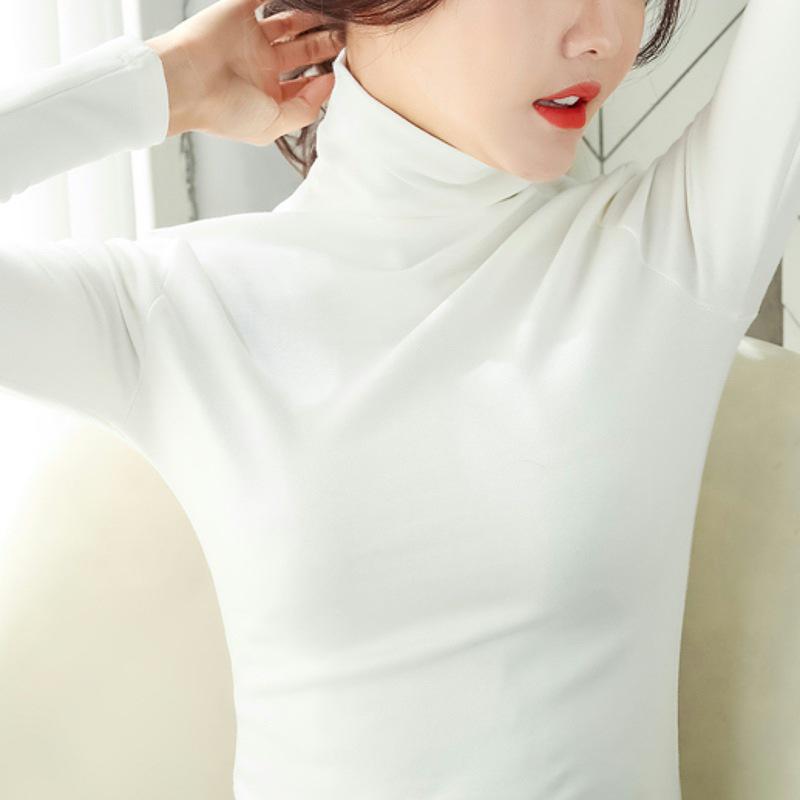 

2023 Осень Женская футболка с высоким воротником и длинными рукавами, однотонная, облегающая, корейская футболка XXL