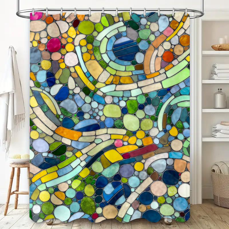 Blue White Geometric Shower Curtain Modern Decor For Bathroom Easy Installation Made With 100% Waterproof Fabric