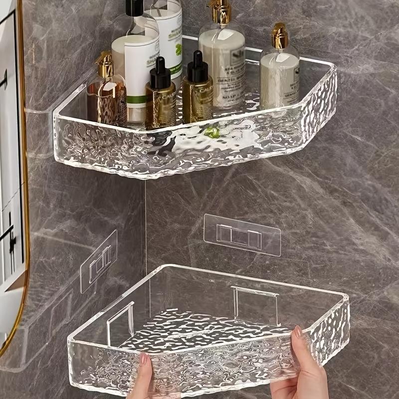 No-Drill Wall-Mounted Bathroom Shelves - Transparent Textured Design Shower Caddy & Skincare Organizer for Home, Multi-Room Compatible
