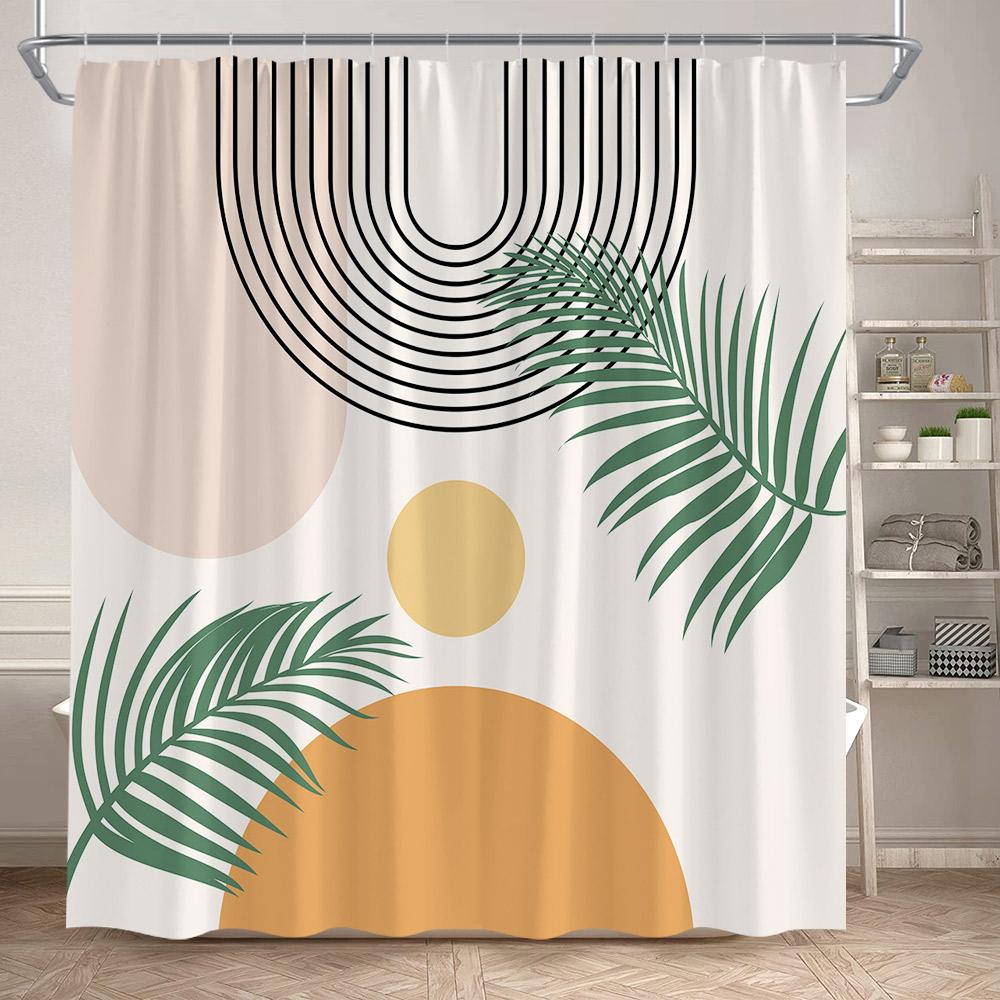 Abstract Mid Century Shower Curtains Green Leaf Modern Geometric Black Lines Aesthetic Art Bathroom Curtain Decor Set With Hooks