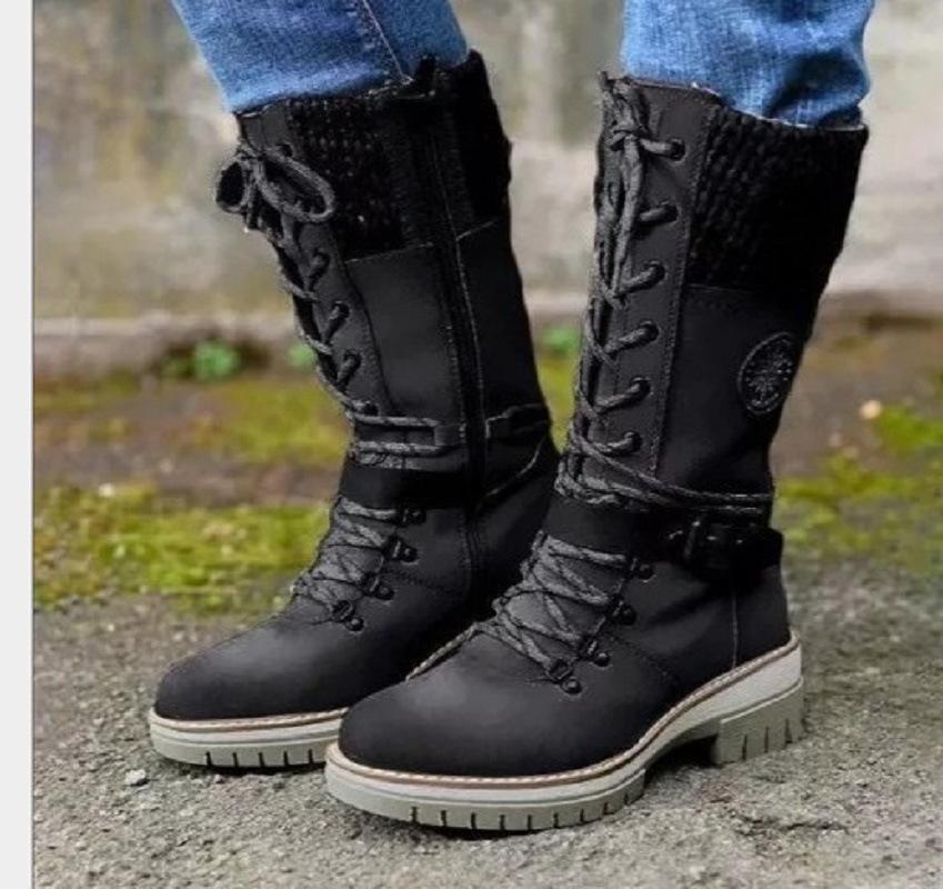 

Knight boots new women s front lace-up winter mid-tube square and round head sewn Martin boots 35