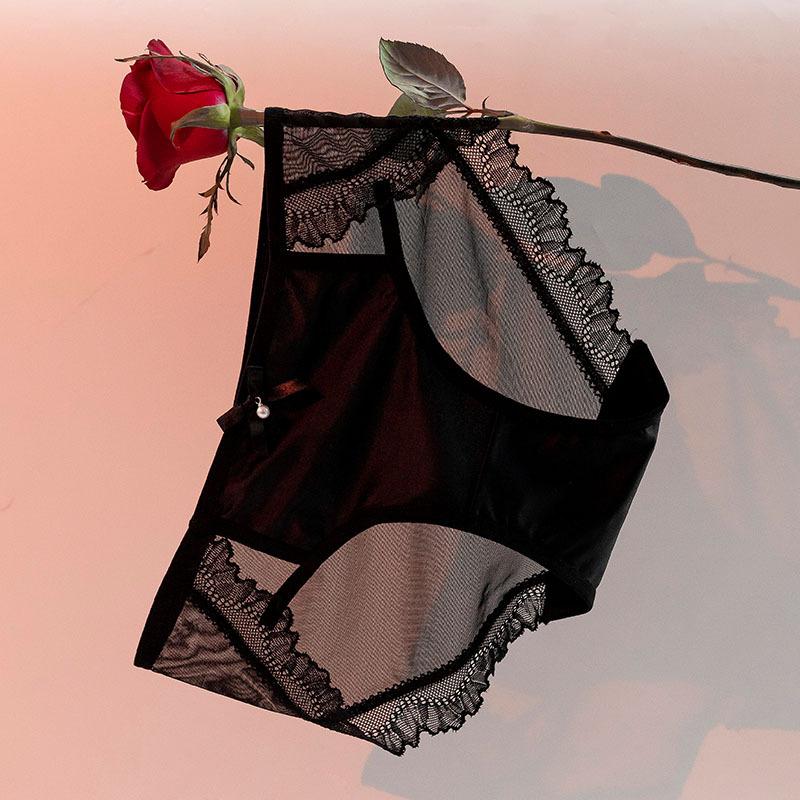 Women's Summer Fashion Satin Sexy Lace Semi Transparent Mesh Triangle Panties