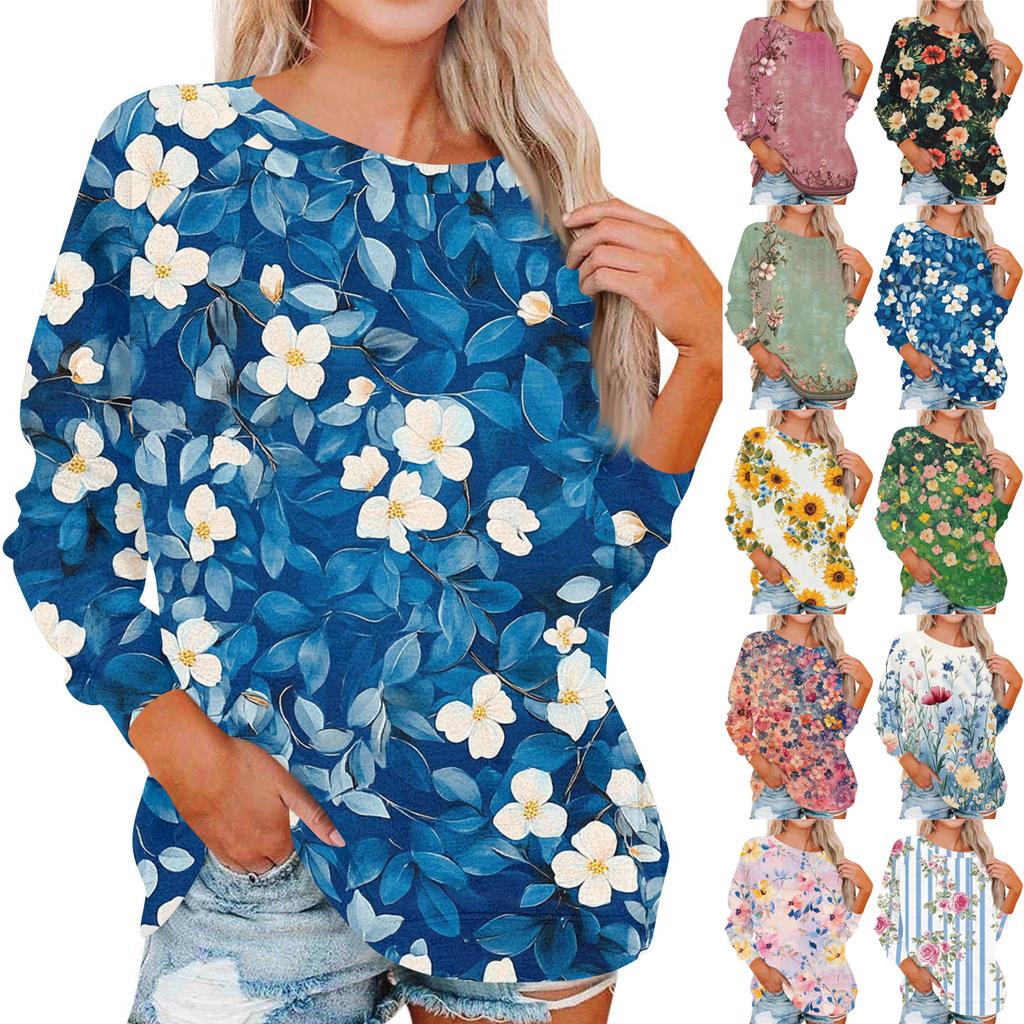 Damen Modisches Rundhals Schulter Langarm Bedrucktes Lässiges Pullover-Oberteil