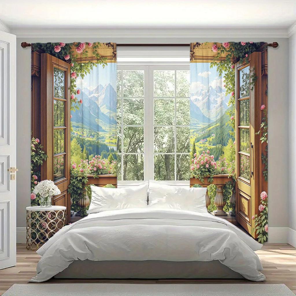 2pcs- Realistic Fresh Garden Printed Curtains   Pole Bag Curtains 42*84   Bedroom   Living Room   Home Room Decoration