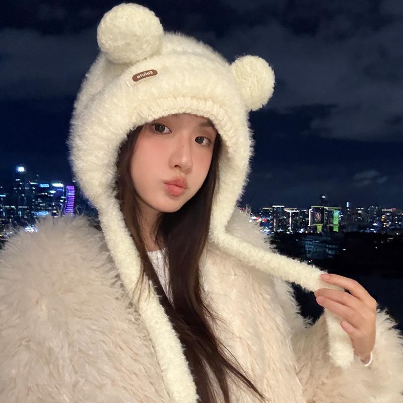 Cute Bear Hat Women's Ear Hat Sweet Knitted Fluffy Hat Fashion Hat