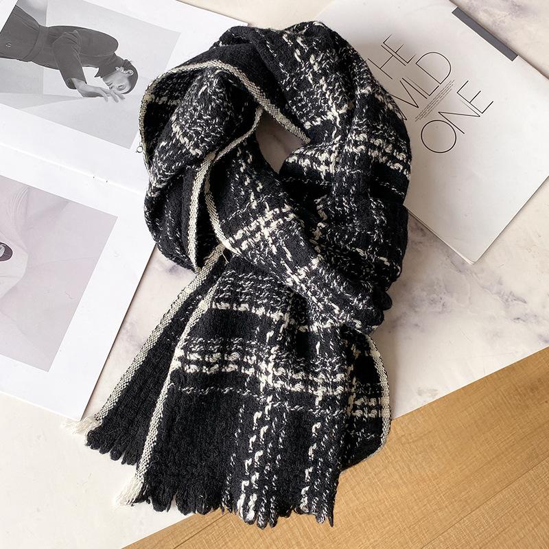 100 Wool Plaid Scarf Women's Winter Black and White Plaid New Versatile Cashmere Knitted High-end Scarf