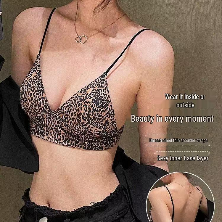 Leopard Print Wire-Free Deep V Lingerie Set - Women's Sexy Triangle Cup Spaghetti Strap Bra