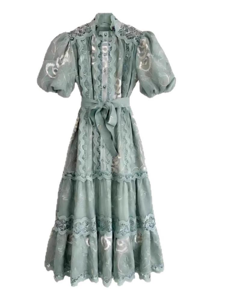 Lace Stand Collar Embroidered Patchwork Puff Sleeve Dress
