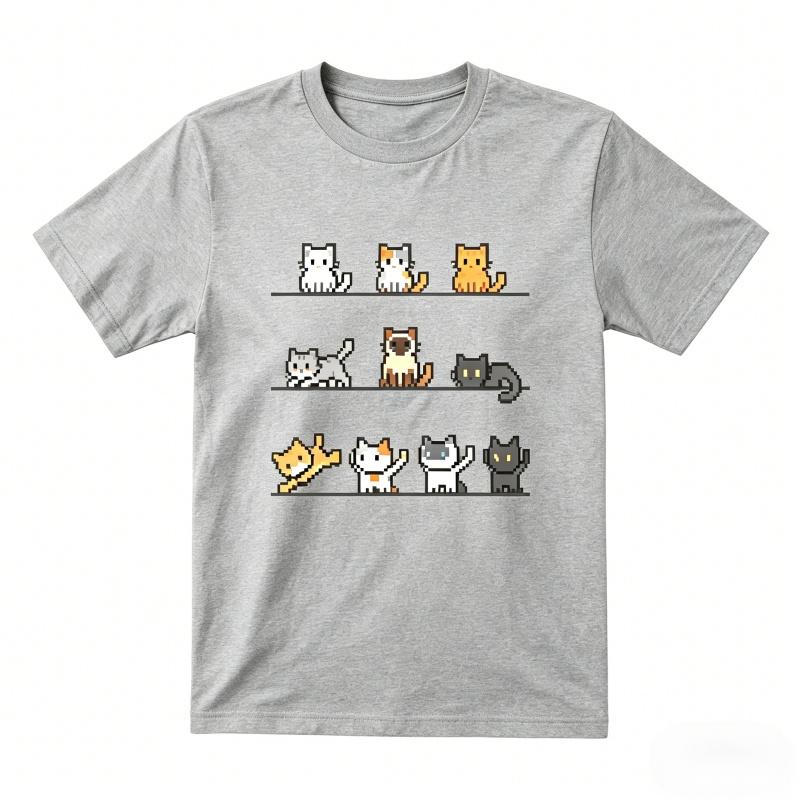 Retro Pixel Cats Collection Graphic T Shirt Unisex Women Casual Short Sleeve Cotton Oneck Tees Cute Kitten Lover Casual Tops