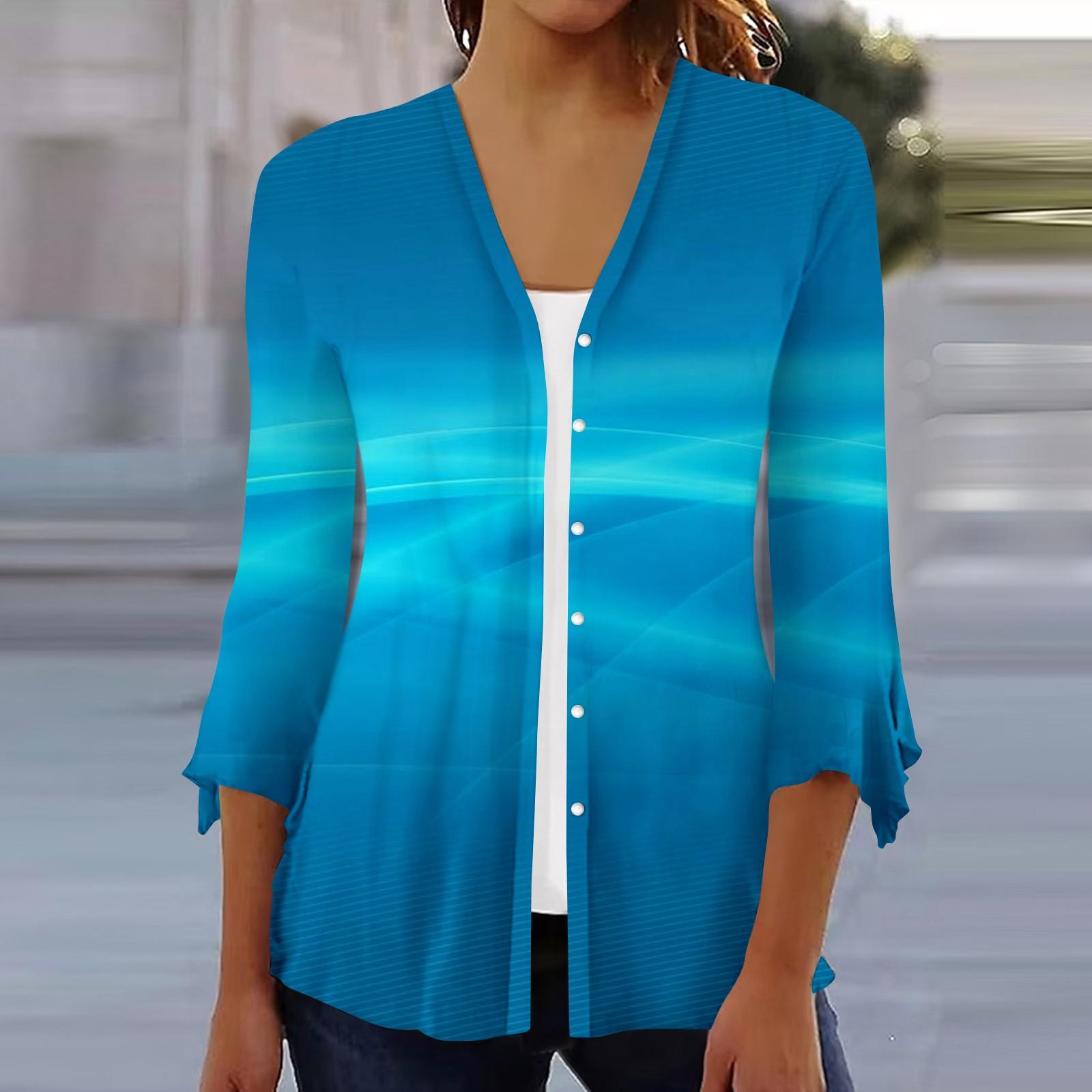 

Женская рубашка, блузка, верхняя одежда с принтом, рукав 3/4, повседневные праздничные базовые топы на пуговицах XXL синий