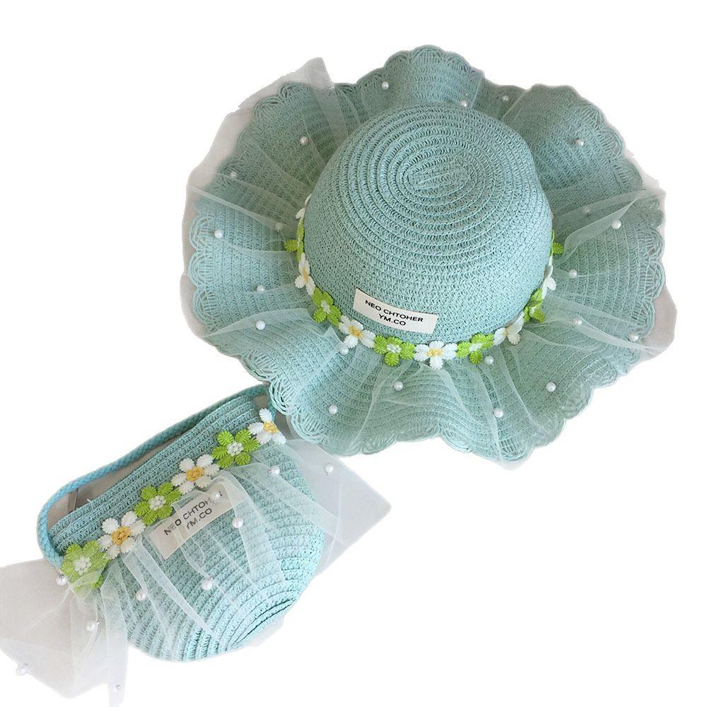 Girls Summer Straw Hat With Pearl Mesh And Bowknot Wide Brim Sun Hat For Kids Beach Princess Shade Cap
